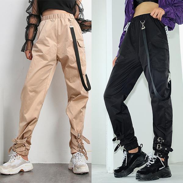 Casual Elastic High Waist Buckles Ribbon Cargo Pants – Pure Fit Story